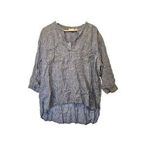 Chico's Blue Linen Popover High Low Blouse 1/2 Sleeve 2 Pockets Size 3 = XL